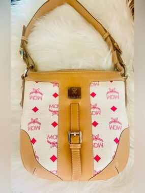 MCM Rare Beige Leather Shoulder Bag with White & Pink Logo Panels